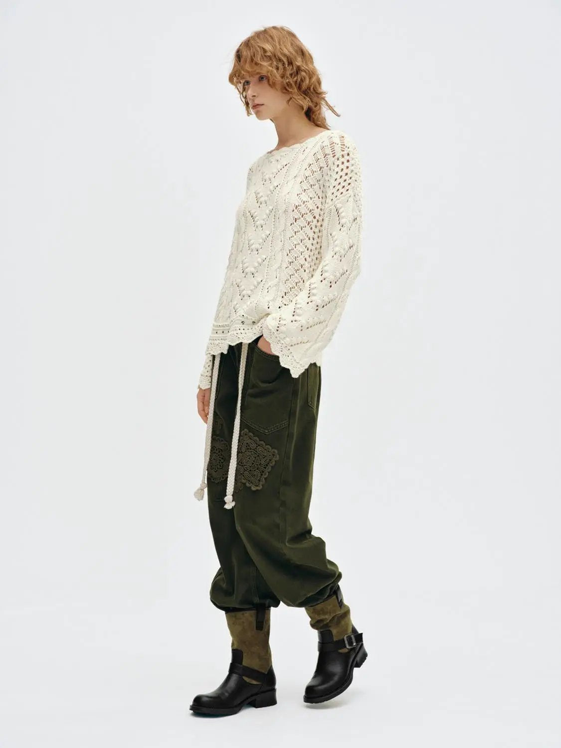 Textured Openwork Boat Neck Long Sleeve Cotton Blend Sweater