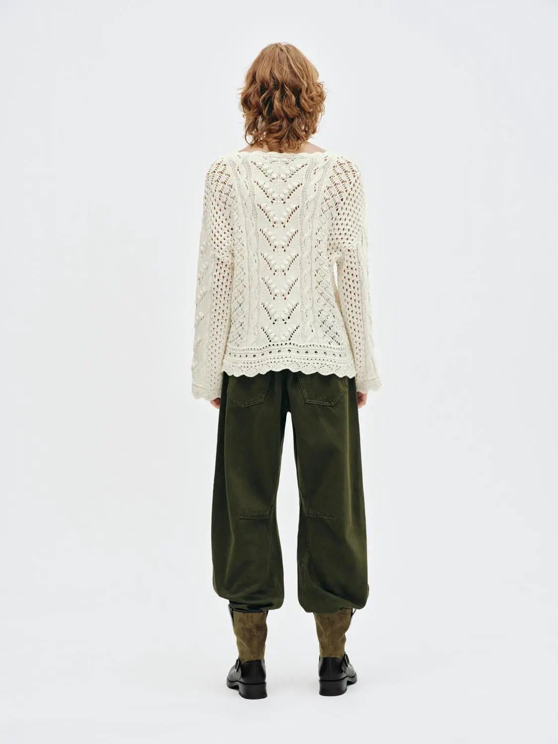 Textured Openwork Boat Neck Long Sleeve Cotton Blend Sweater