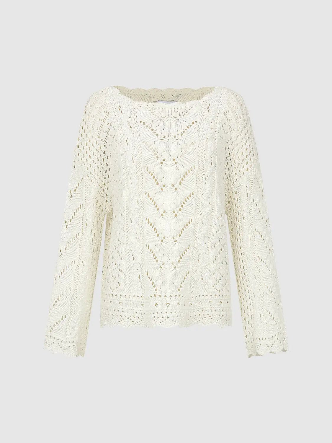 Textured Openwork Boat Neck Long Sleeve Cotton Blend Sweater
