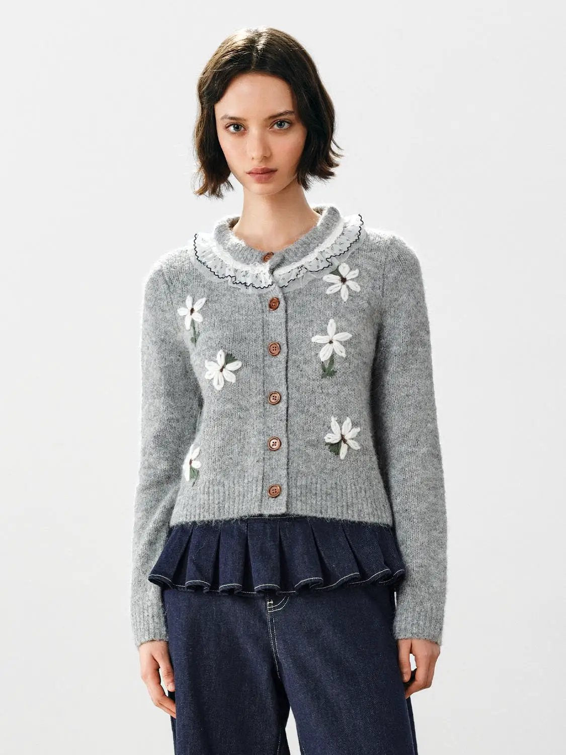 Floral Embroidered Ruffle Collar Long Sleeve Cardigan