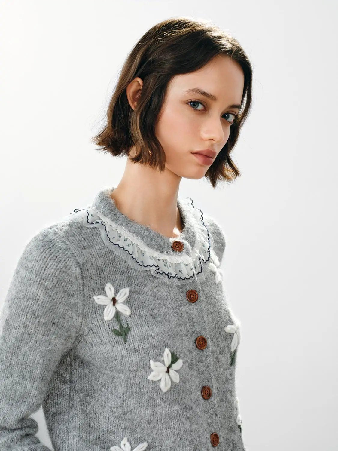 Floral Embroidered Ruffle Collar Long Sleeve Cardigan