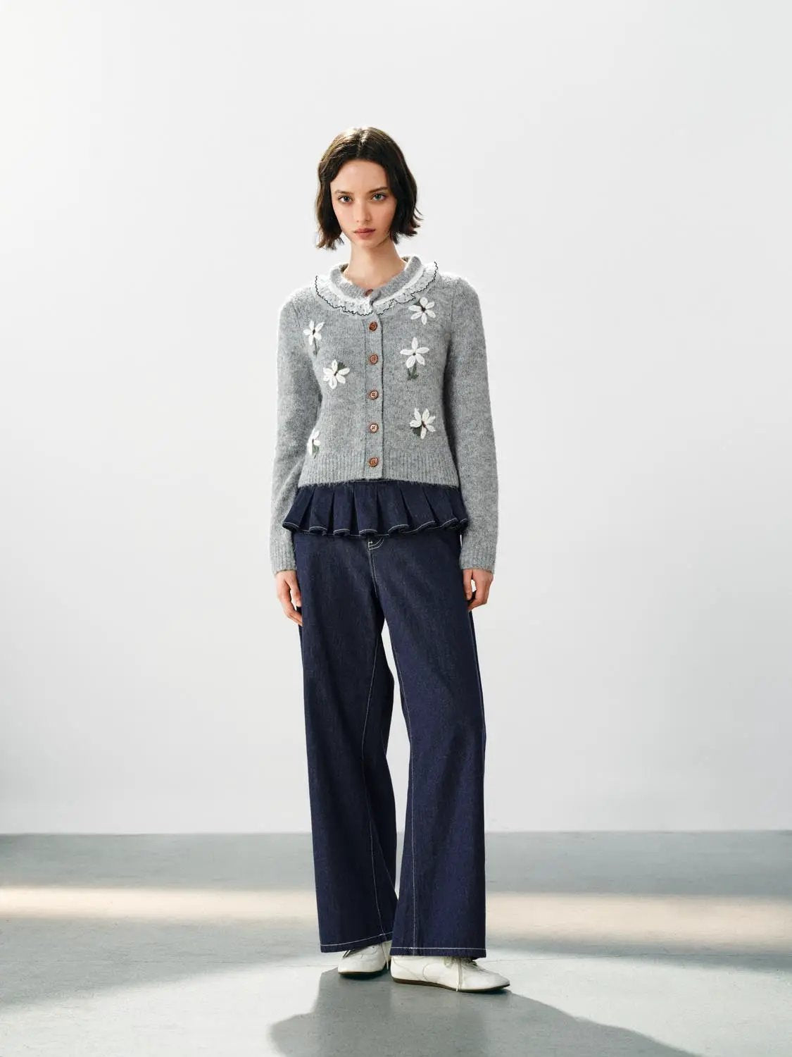 Floral Embroidered Ruffle Collar Long Sleeve Cardigan