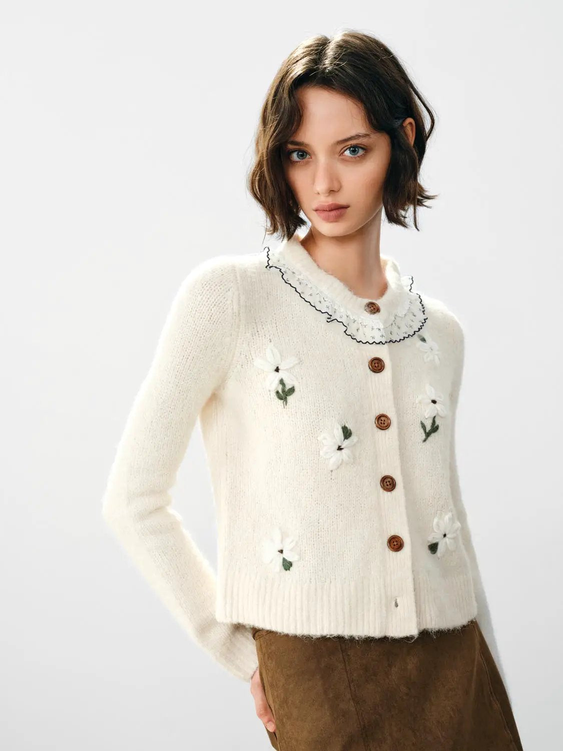 Floral Embroidered Ruffle Collar Long Sleeve Cardigan