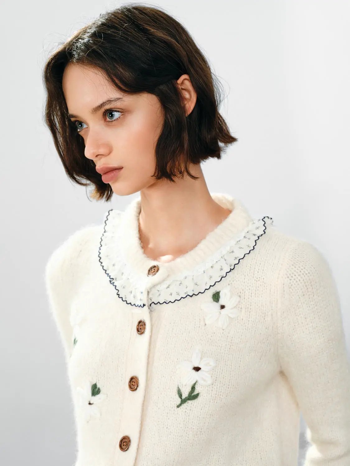 Floral Embroidered Ruffle Collar Long Sleeve Cardigan