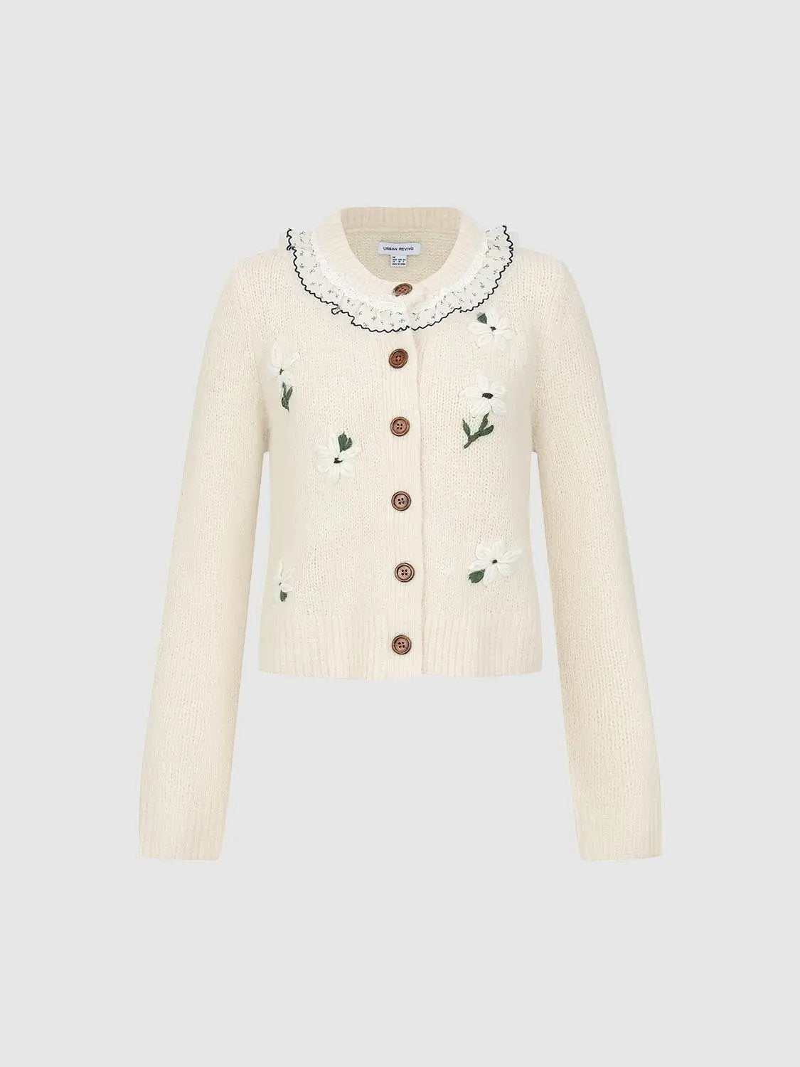 Floral Embroidered Ruffle Collar Long Sleeve Cardigan