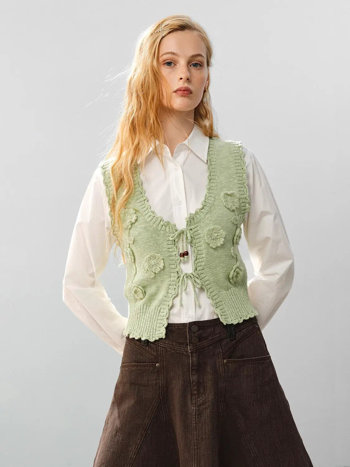 Floral Ruffle Tie V-neck Sleeveless Cotton Vest