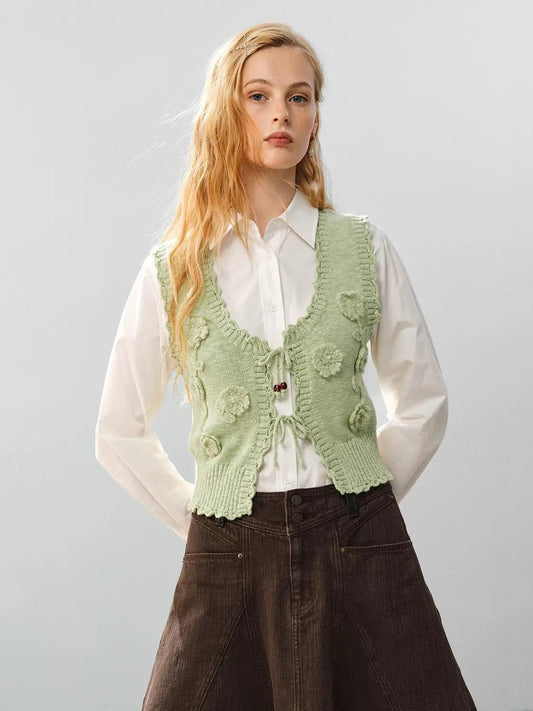 Floral Ruffle Tie V-neck Sleeveless Cotton Vest
