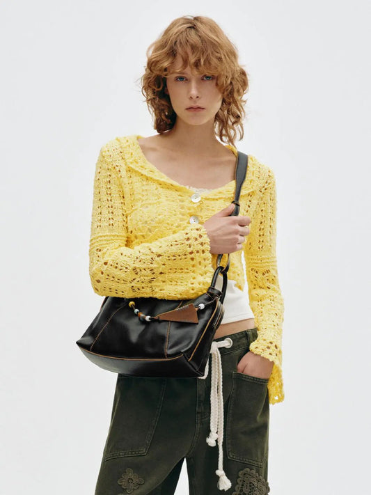 Hollow Out Button Front Long Sleeve Cropped Knit Jacket