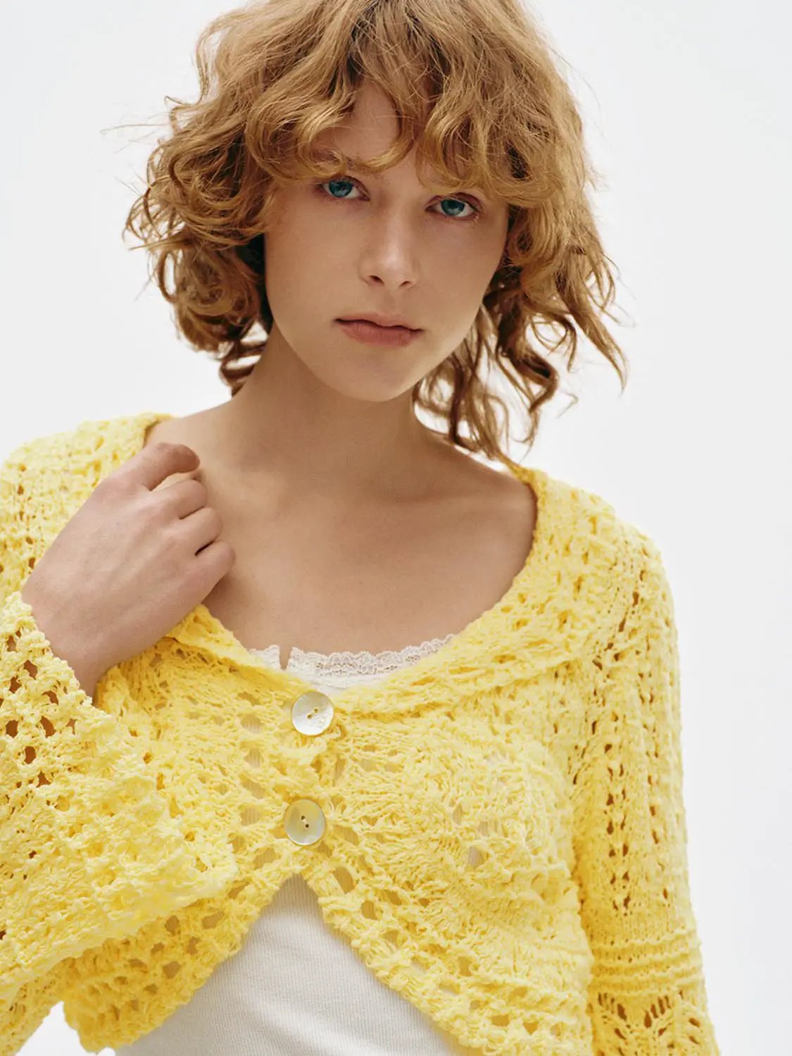 Hollow Out Button Front Long Sleeve Cropped Knit Jacket