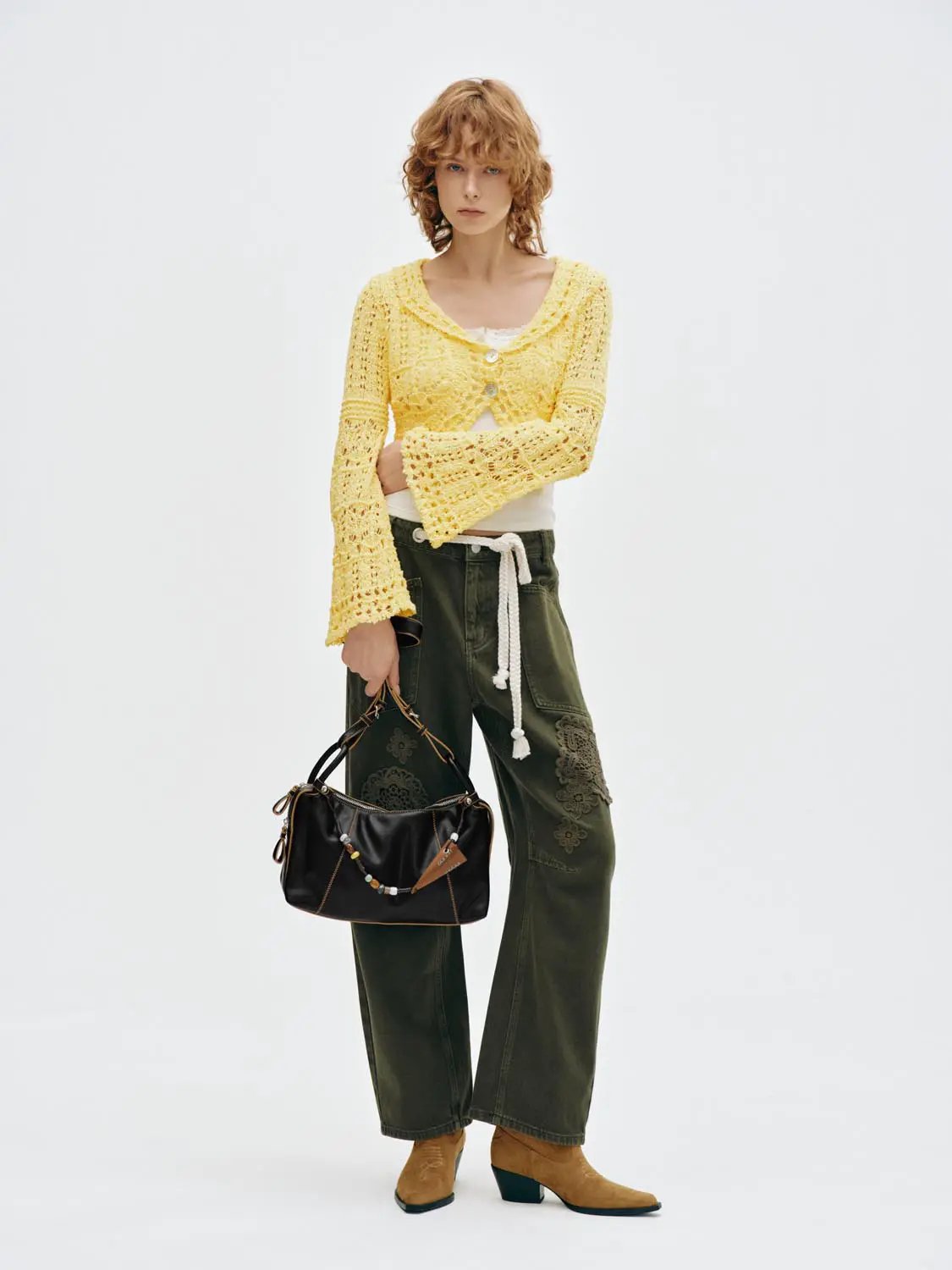 Hollow Out Button Front Long Sleeve Cropped Knit Jacket