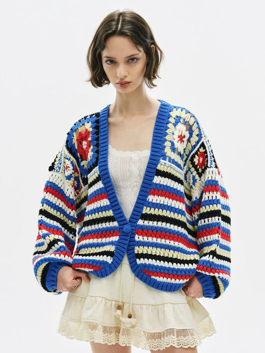 V-Neck Button Front Striped Floral Long Sleeve Cardigan
