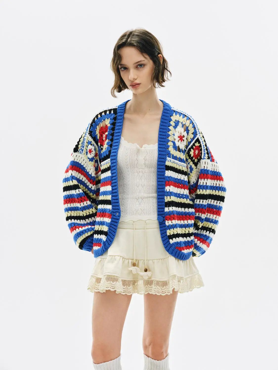 V-Neck Button Front Striped Floral Long Sleeve Cardigan