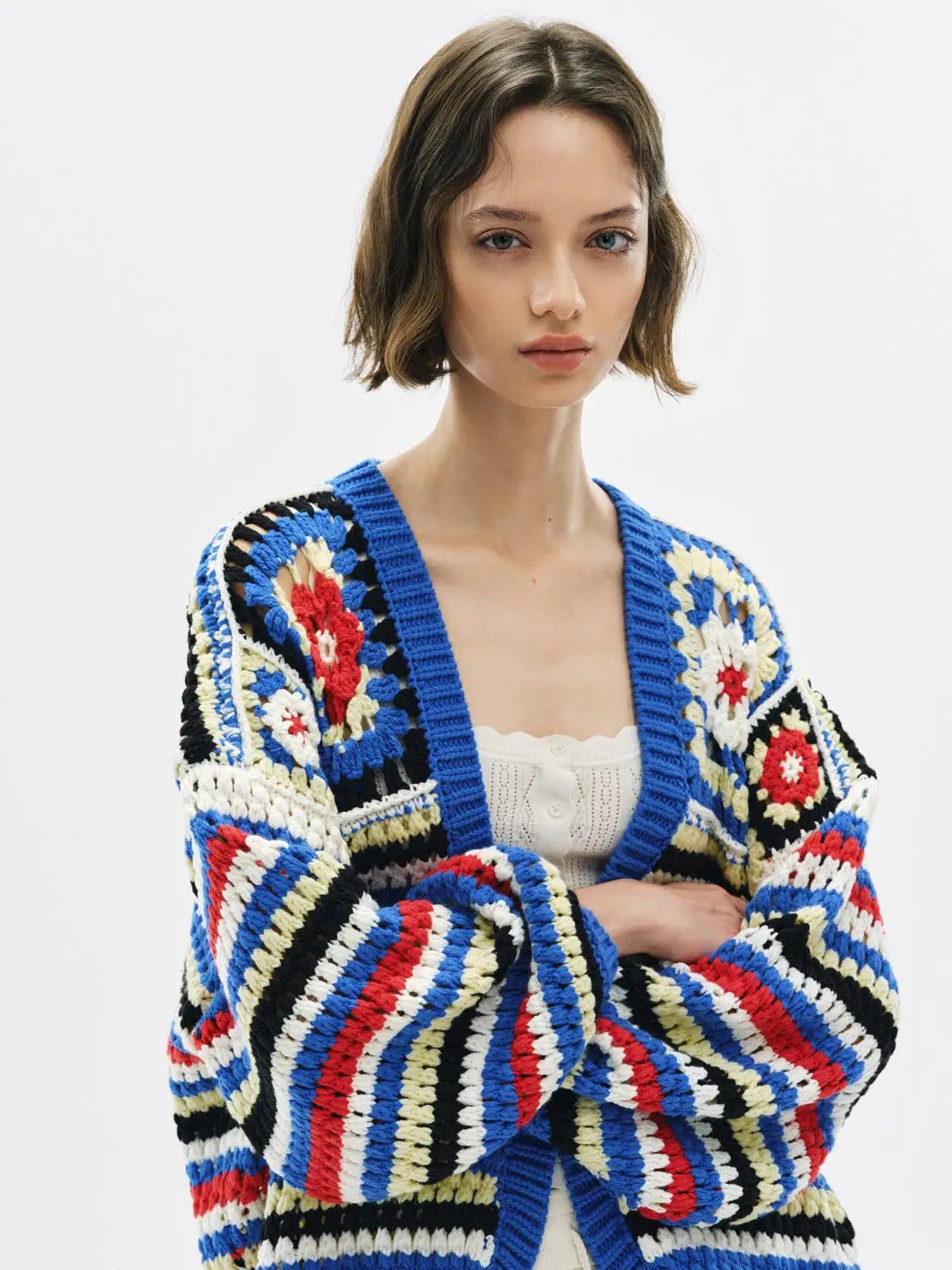 V-Neck Button Front Striped Floral Long Sleeve Cardigan