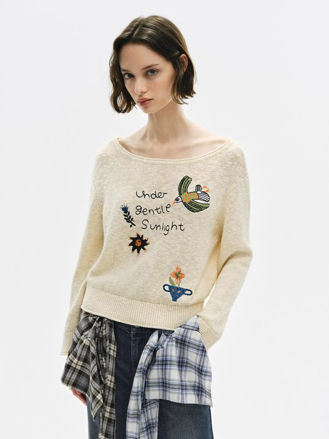Text Embroidered Boat Neck Long Sleeve Cotton Sweater