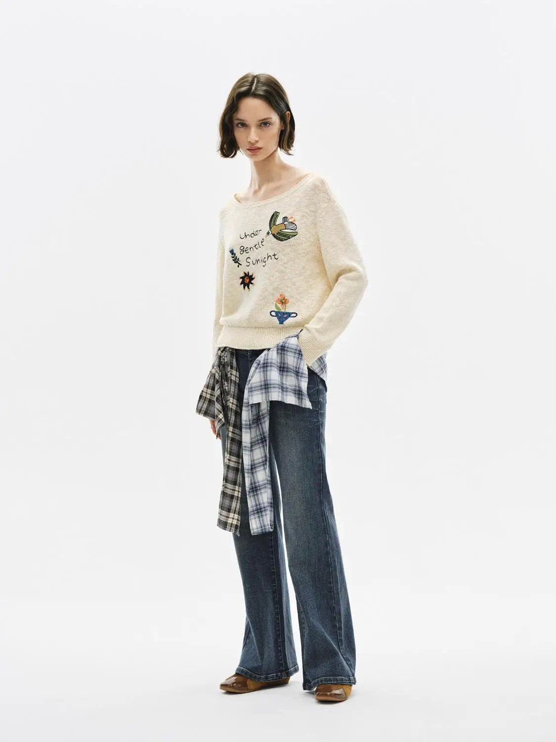 Text Embroidered Boat Neck Long Sleeve Cotton Sweater