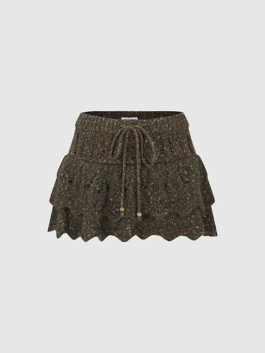 Textured Knit Tiered Mini Skirt with Beaded Drawstring Waist