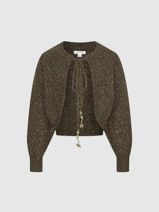 Tie Front Textured Ribbed Crew Neck Long Sleeve Knit Jacket