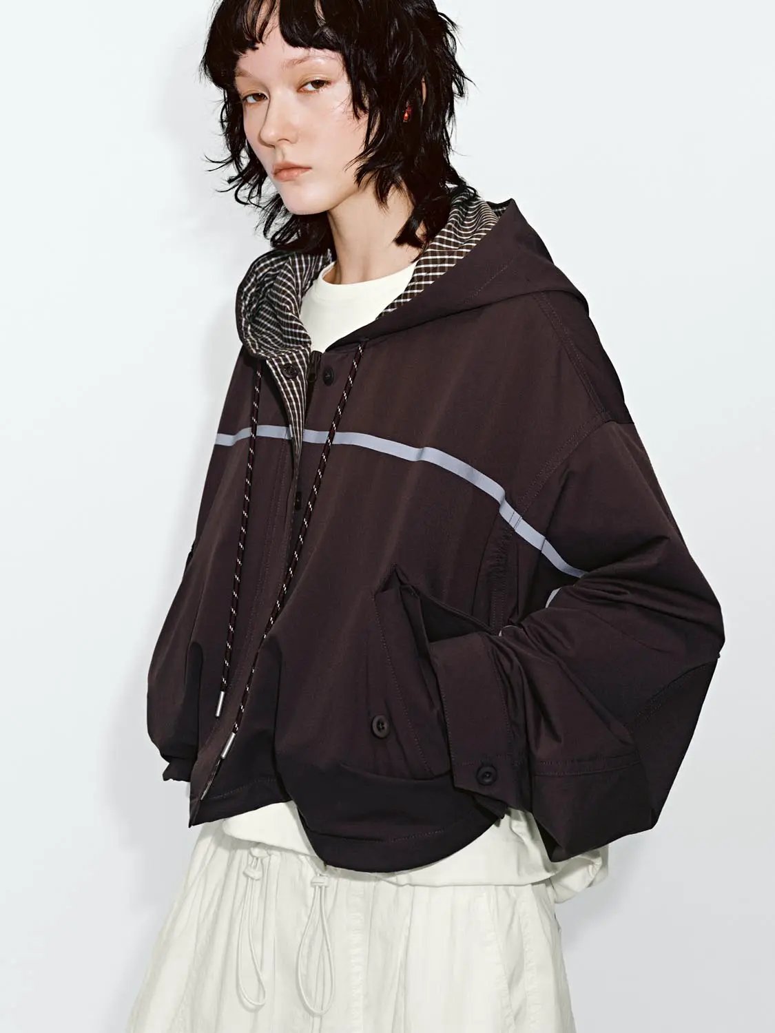 Oversized Hooded Button Front Jacket With Checked Lining