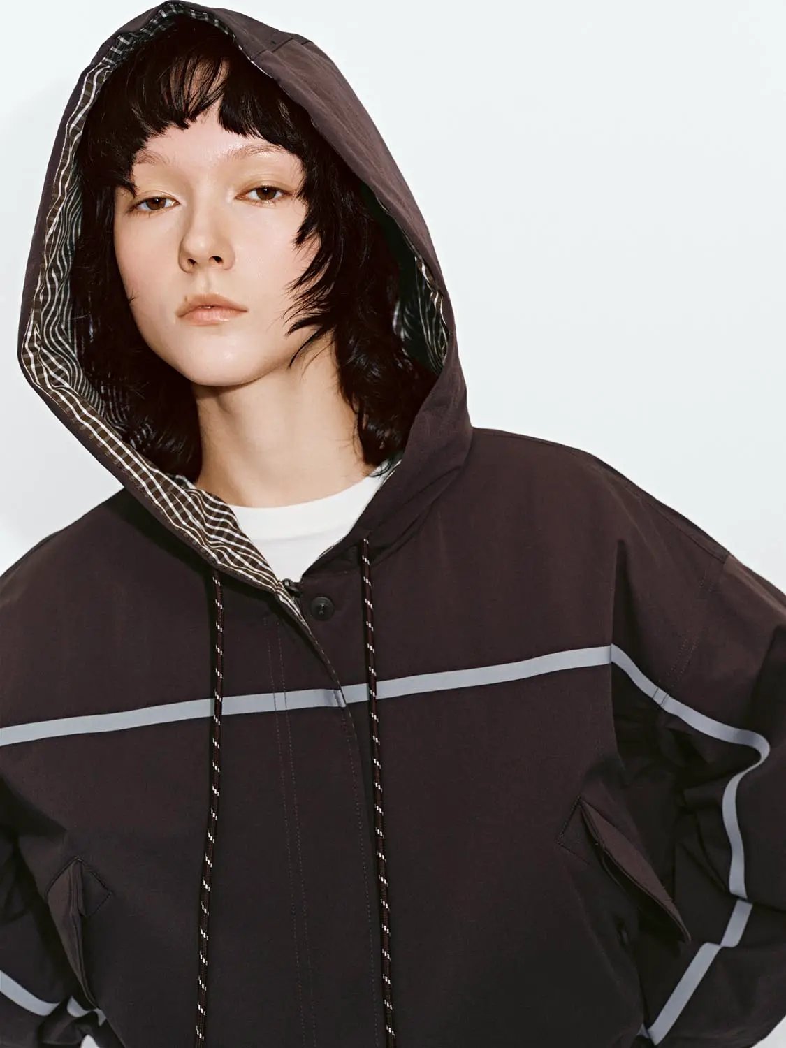 Oversized Hooded Button Front Jacket With Checked Lining