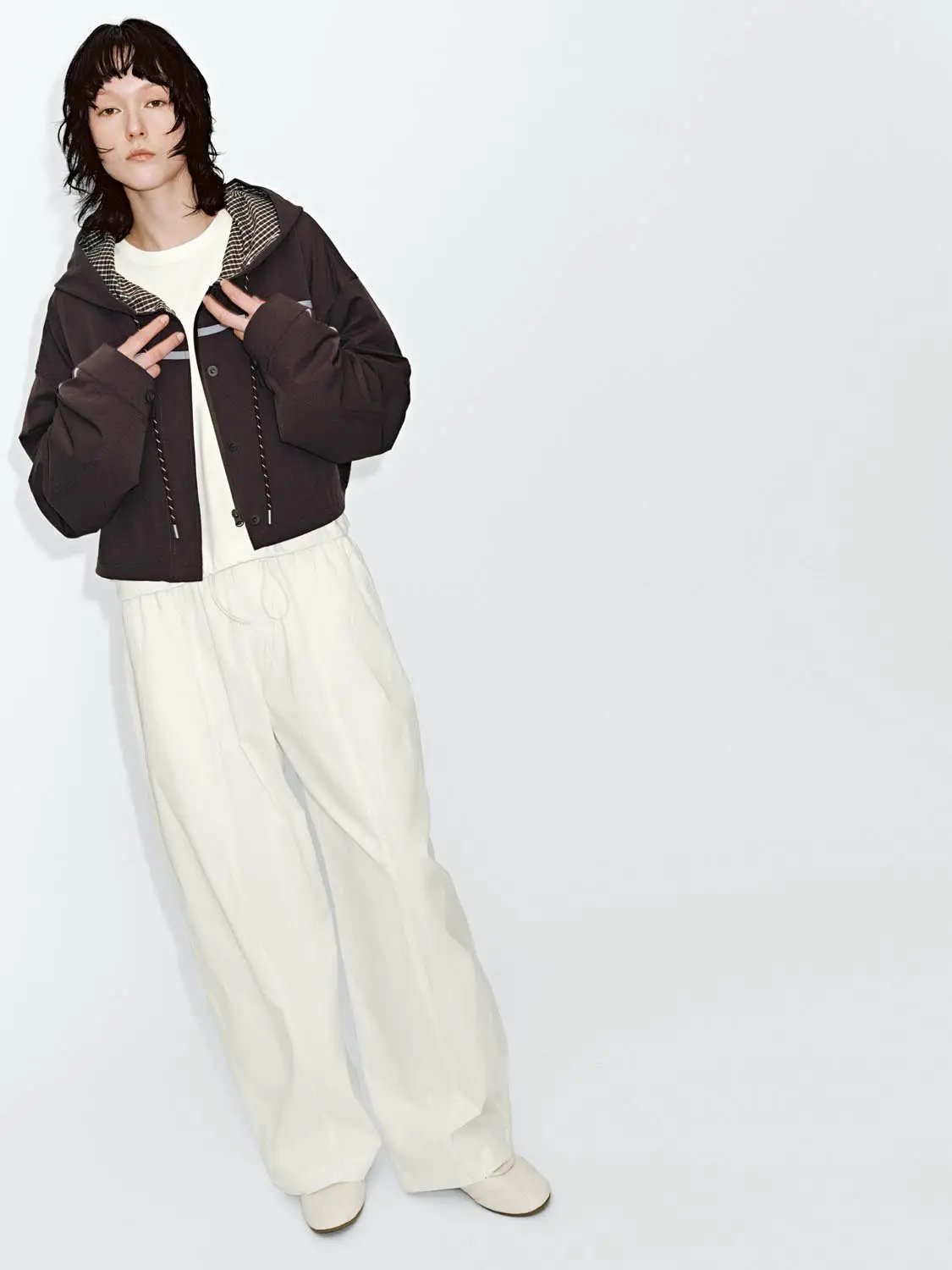 Oversized Hooded Button Front Jacket With Checked Lining