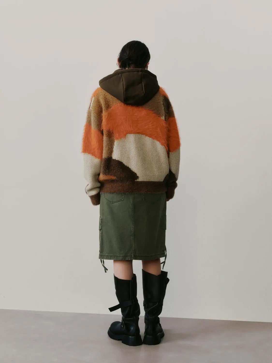 Hooded Zip Textured Color Block Knit Long Sleeve Jacket