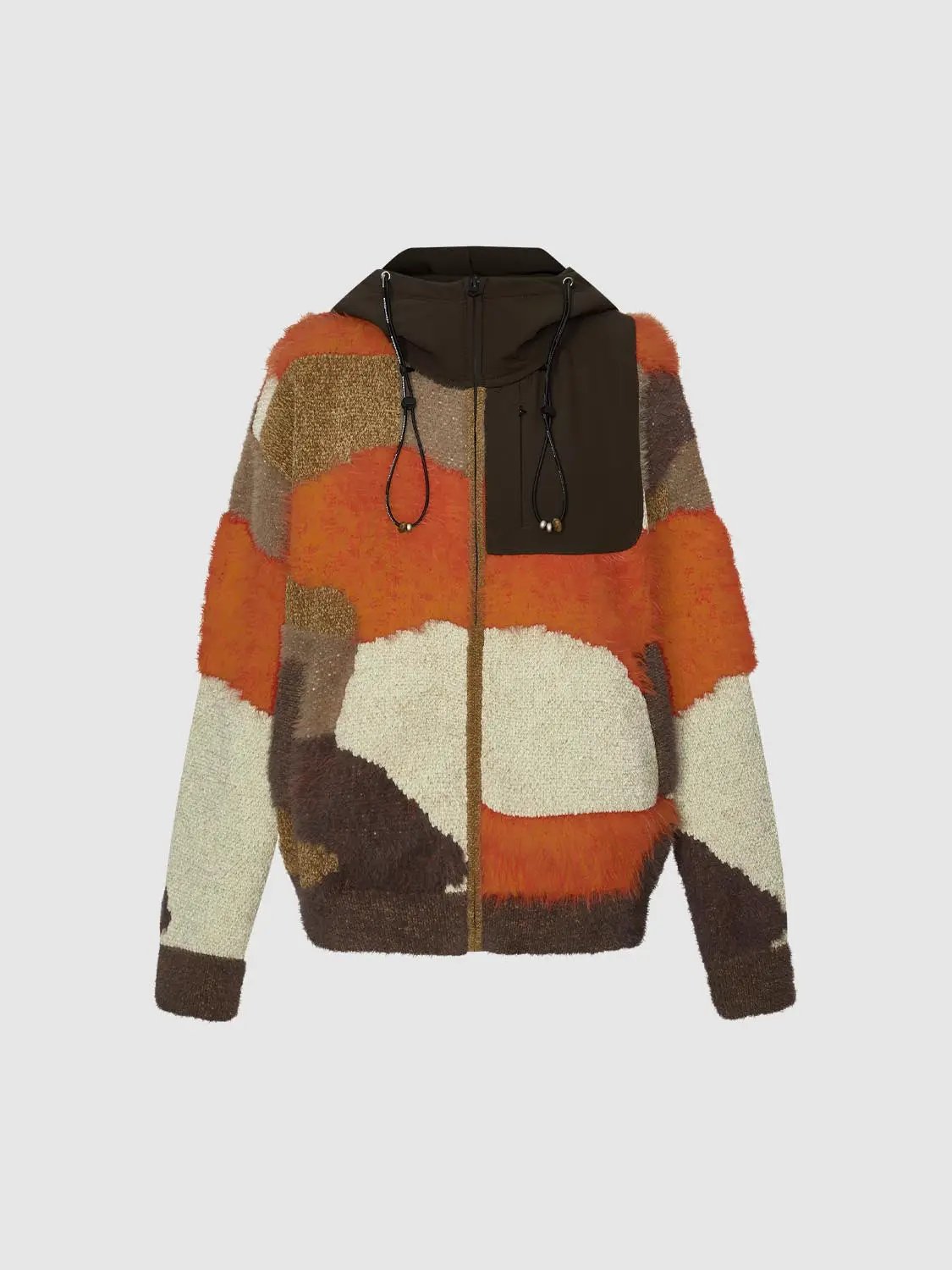 Hooded Zip Textured Color Block Knit Long Sleeve Jacket