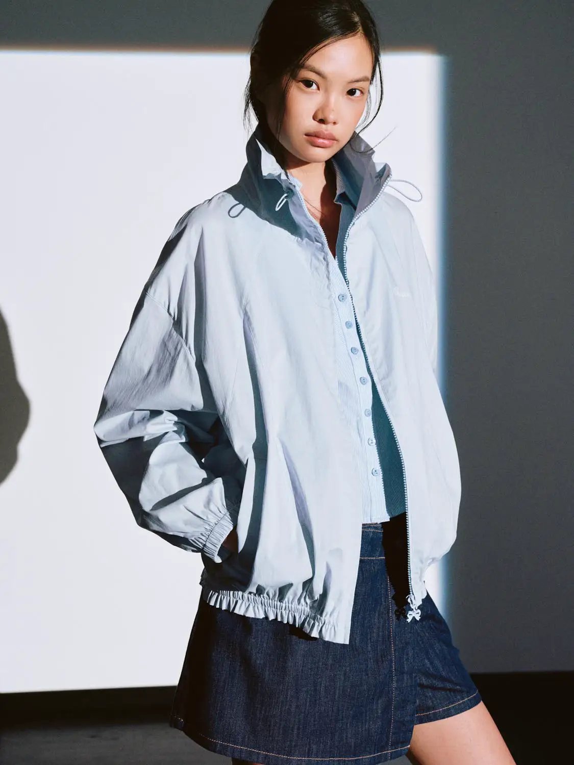 Oversized Shirt Collar Zip Front Cotton Blend Jacket