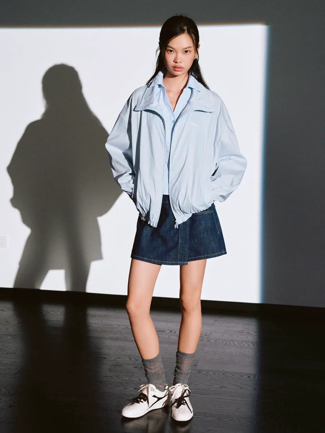 Oversized Shirt Collar Zip Front Cotton Blend Jacket