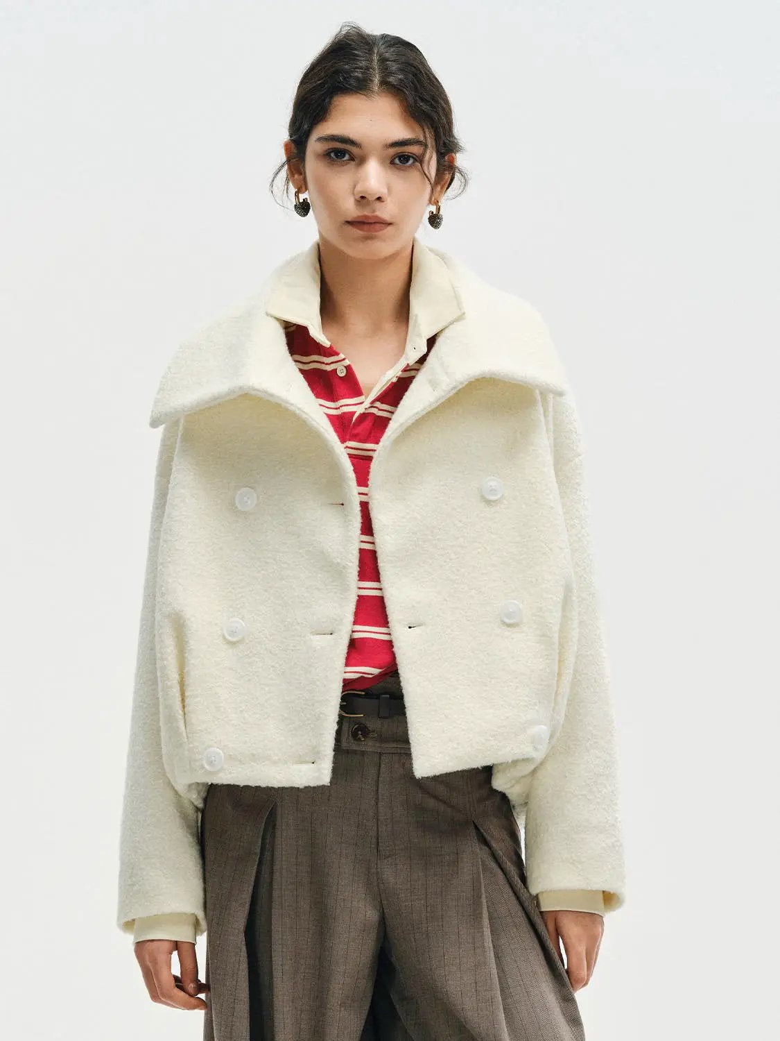 Textured Wide Collar Long Sleeve Double-Breasted Coat