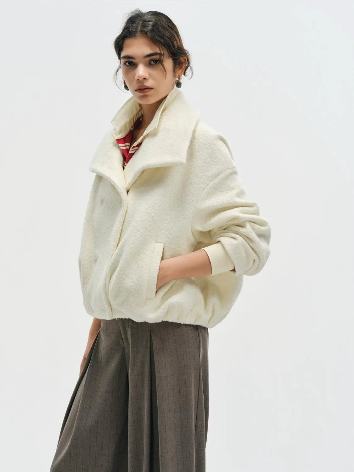 Textured Wide Collar Long Sleeve Double-Breasted Coat