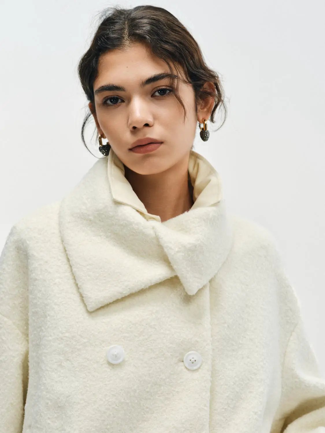 Textured Wide Collar Long Sleeve Double-Breasted Coat