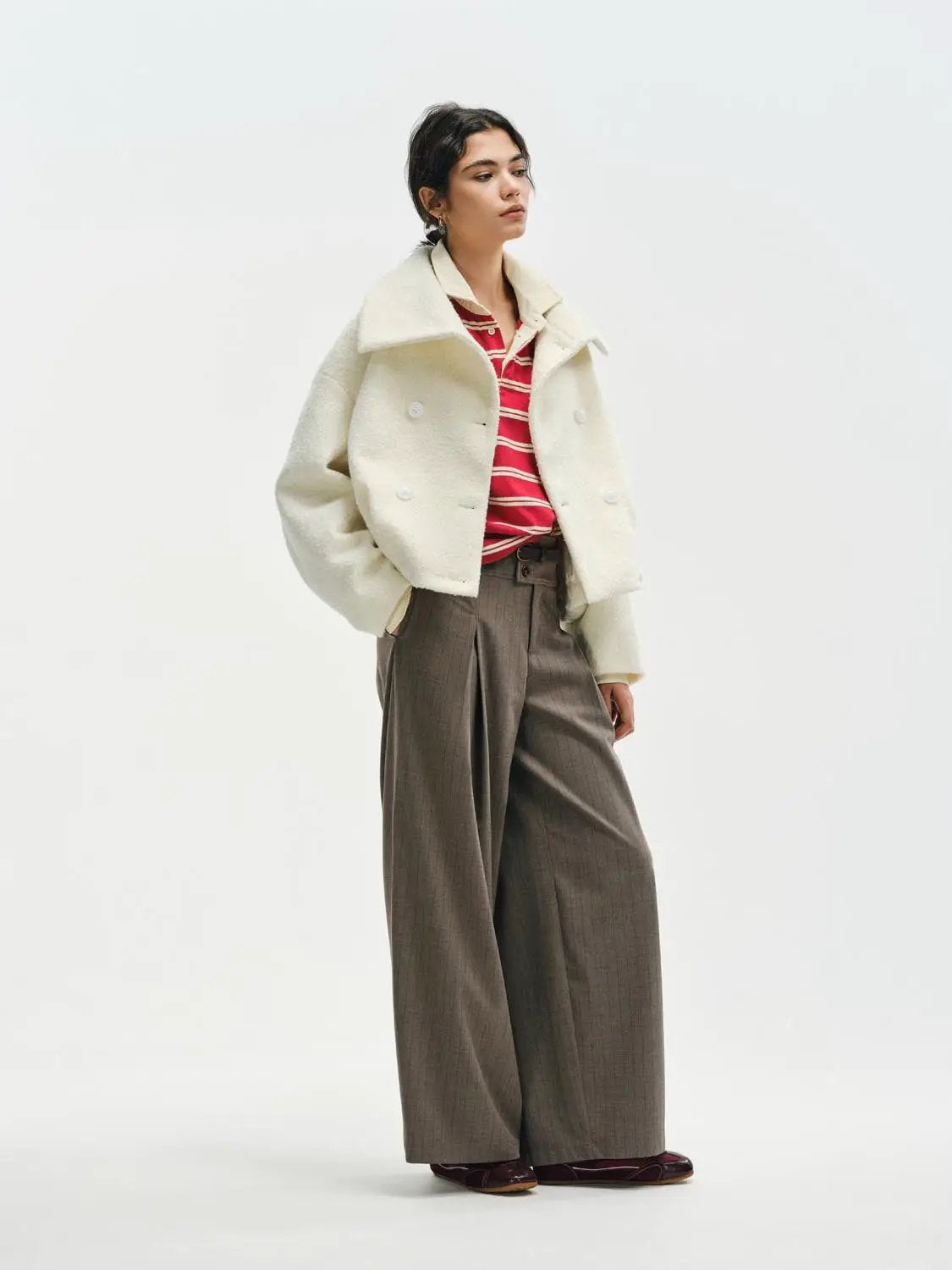 Textured Wide Collar Long Sleeve Double-Breasted Coat