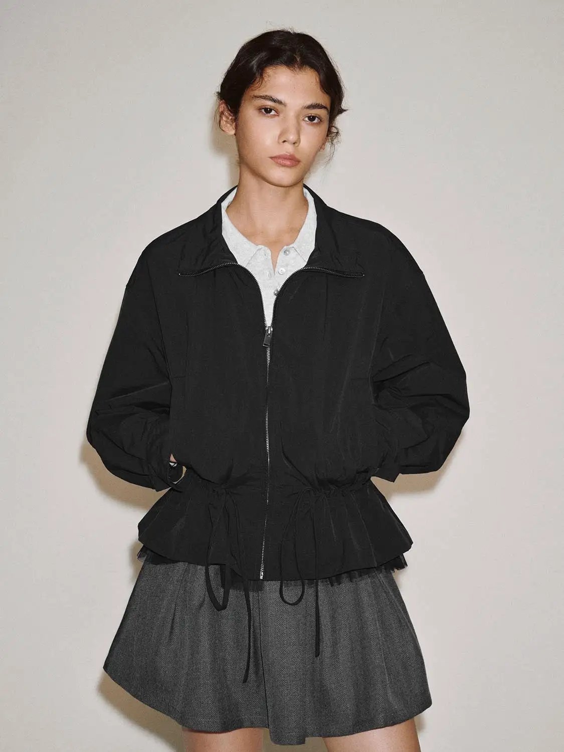 Zip Front Drawstring Ruffle Long Sleeve Jacket