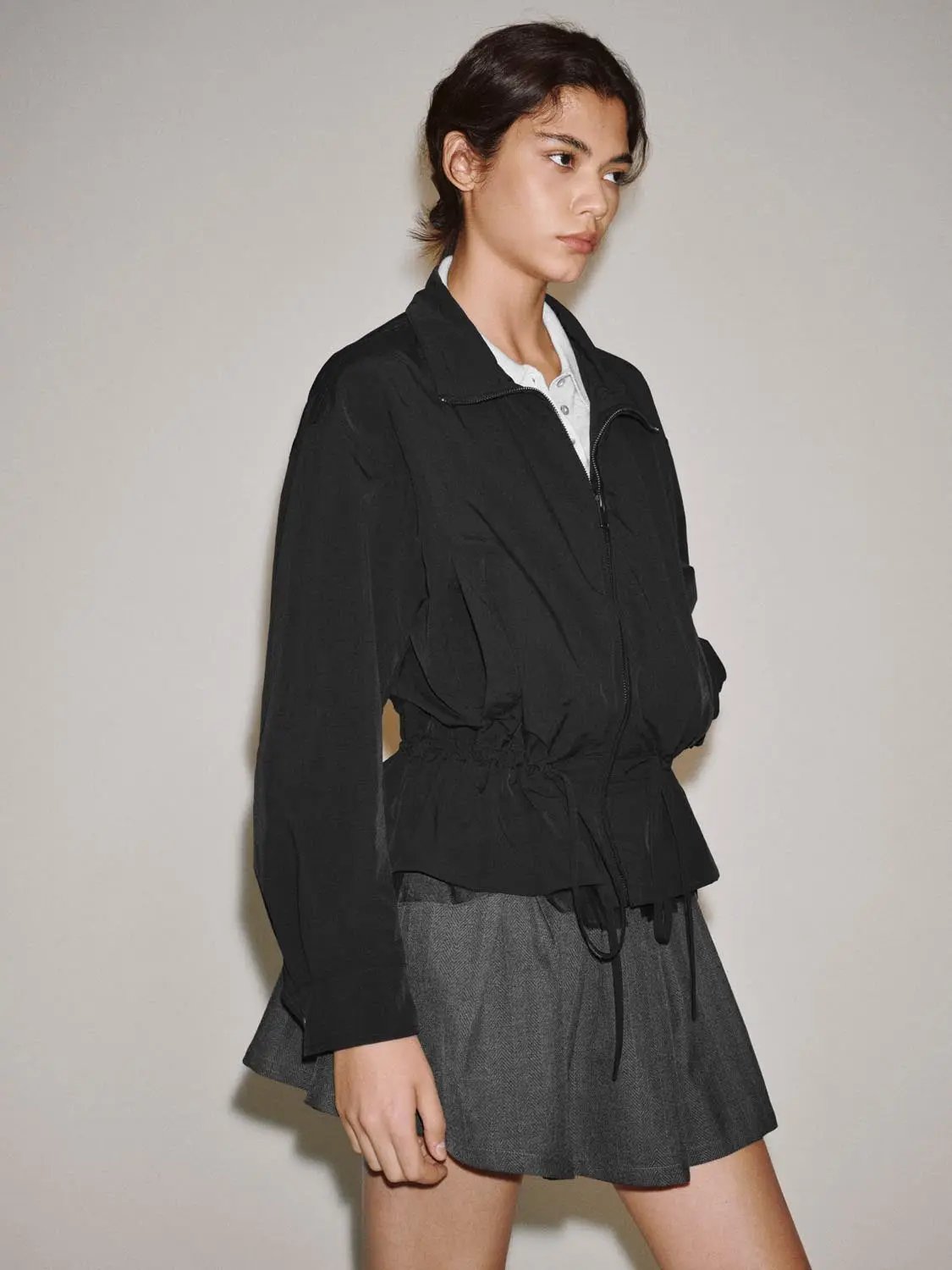 Zip Front Drawstring Ruffle Long Sleeve Jacket