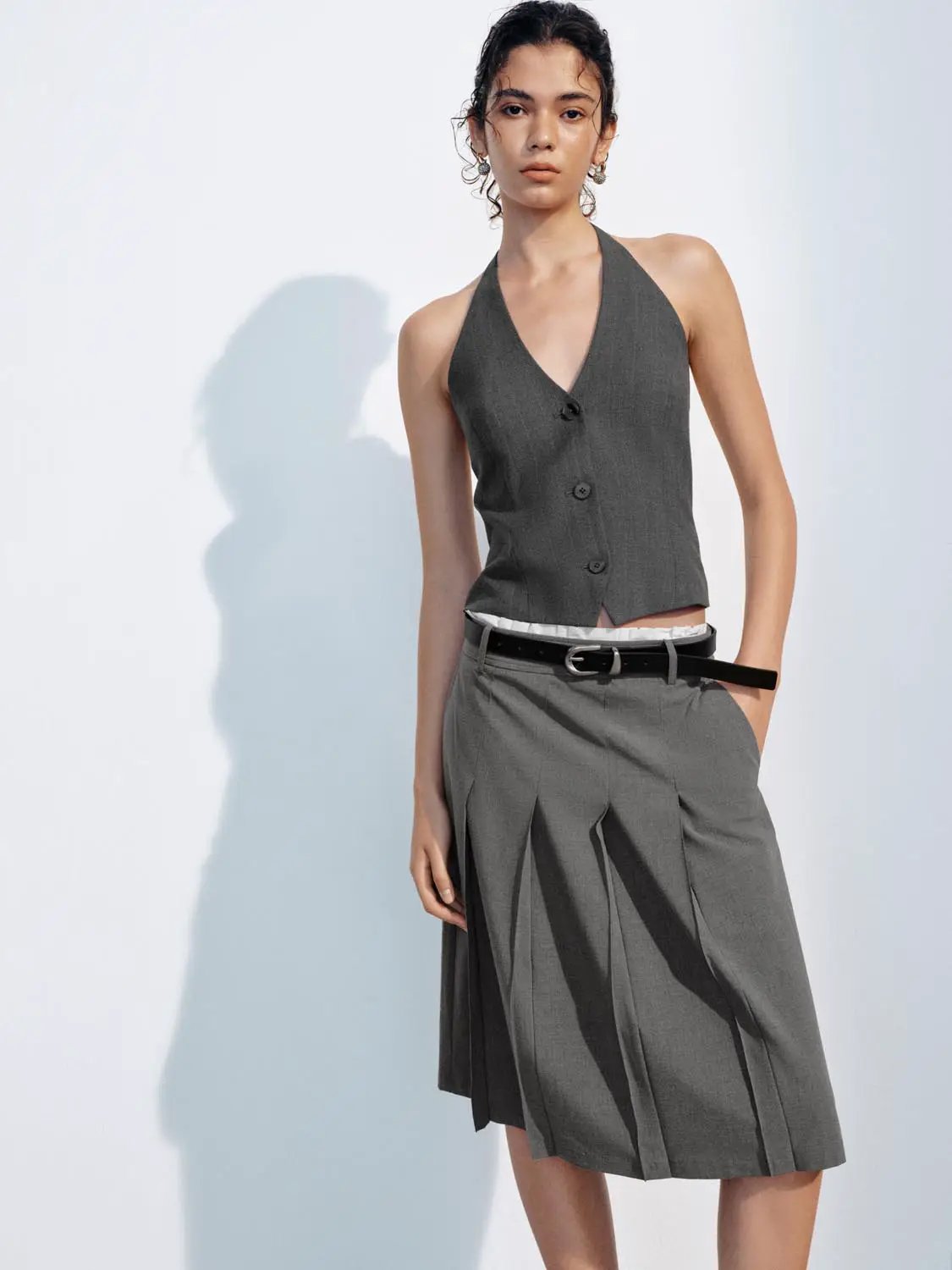 Textured Deep V Waist Detail Vest