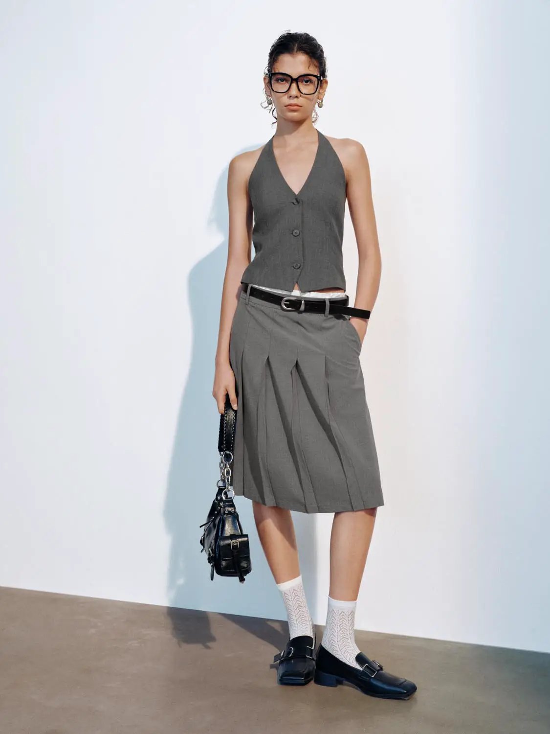Textured Deep V Waist Detail Vest