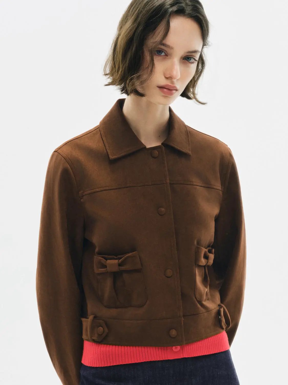 Shirt Collar Bow Detail Tie Hem Long Sleeve Jacket
