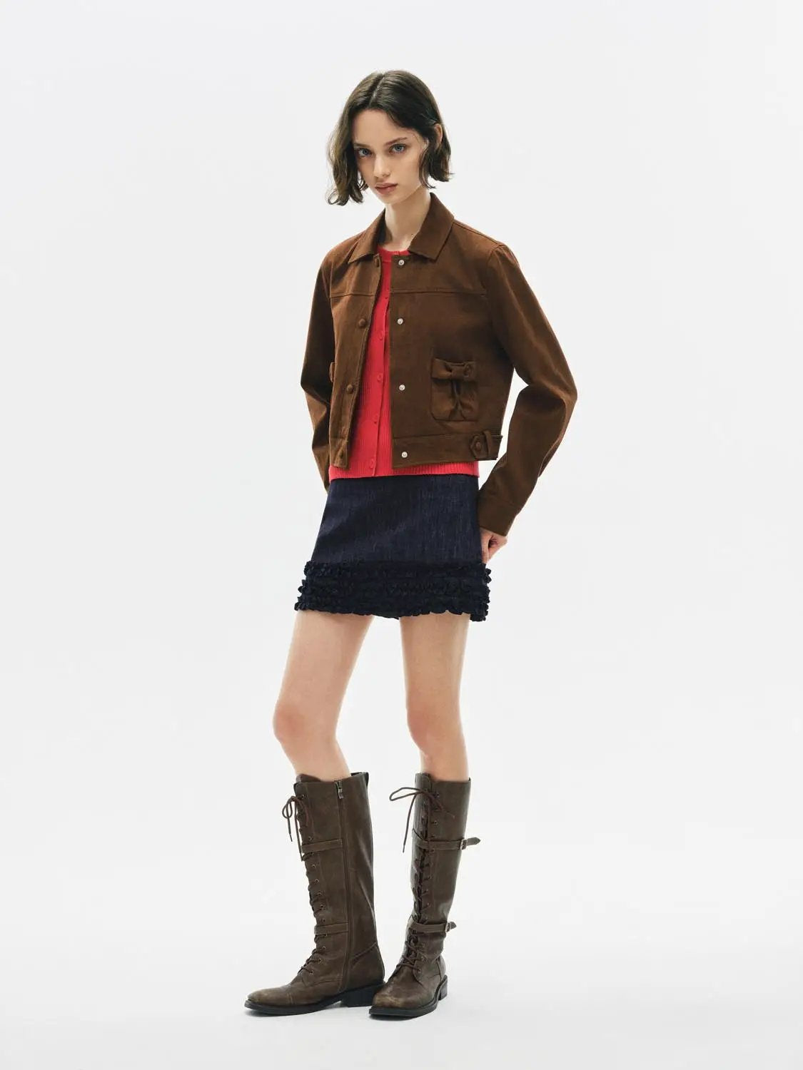 Shirt Collar Bow Detail Tie Hem Long Sleeve Jacket