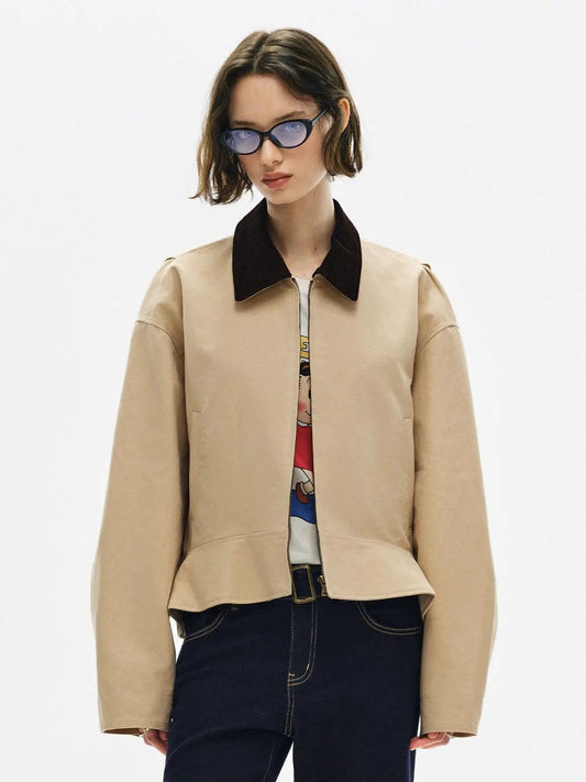 Zip Front Contrast Collar Long Sleeve Cotton Jacket