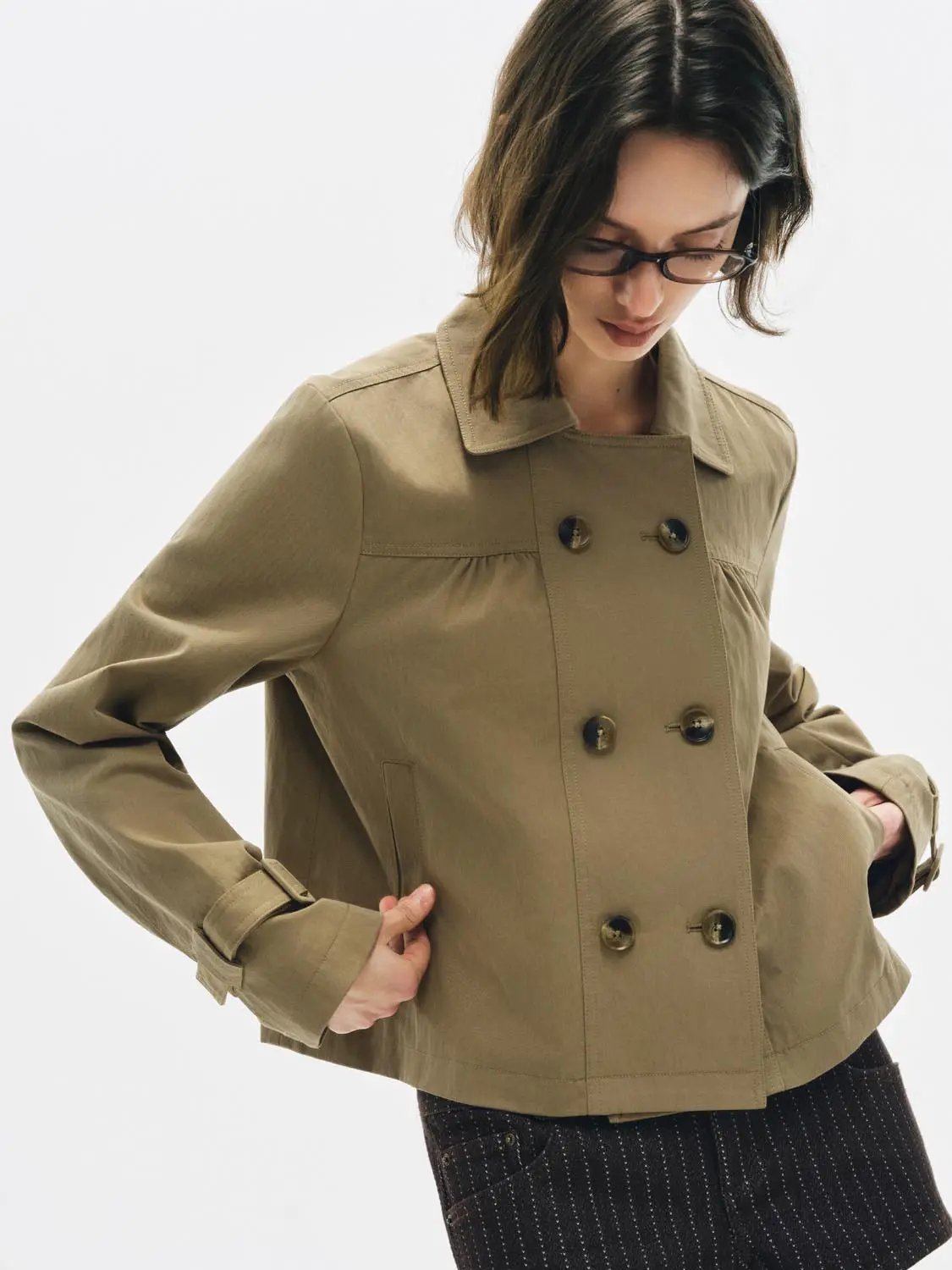 Double Breasted Long Sleeve Cotton Blend Trench Coat