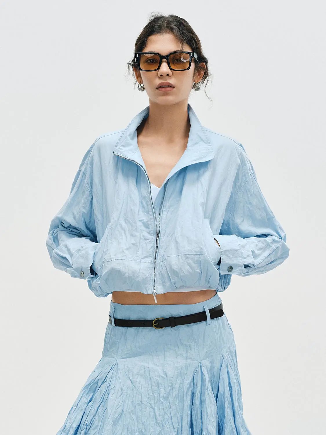 Zip Front Stand Collar Long Sleeve Elasticated Hem Jacket