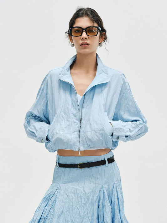 Zip Front Stand Collar Long Sleeve Elasticated Hem Jacket
