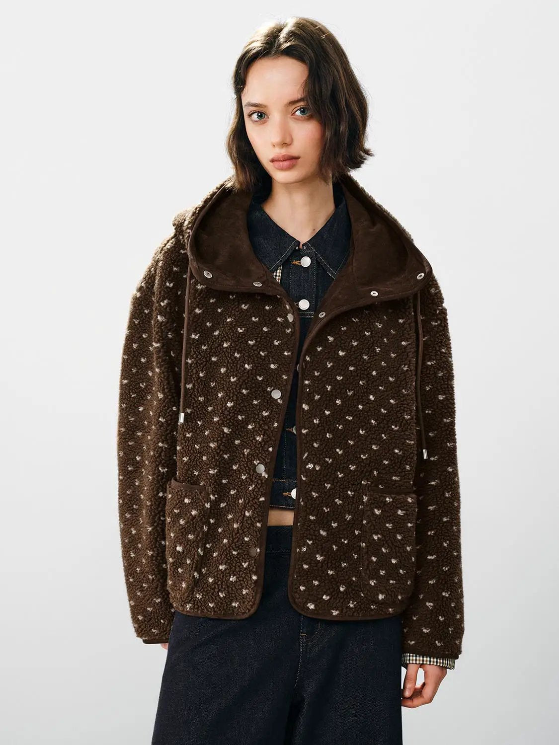 Hooded Textured Button Front Long Sleeve Printed Jacket