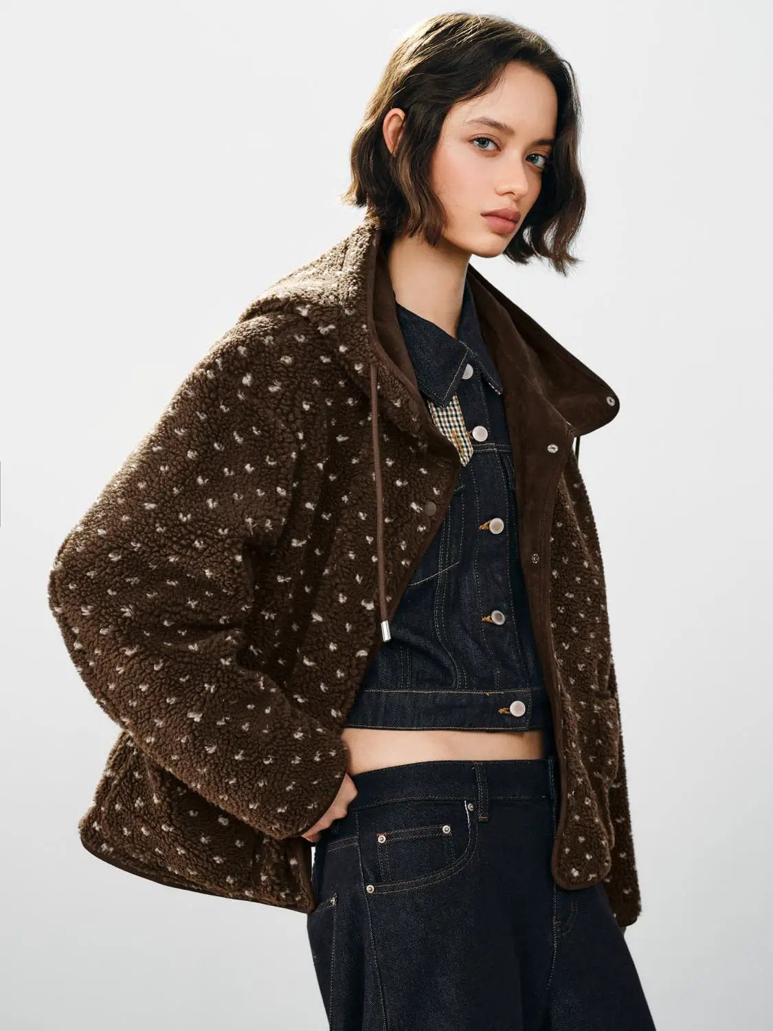 Hooded Textured Button Front Long Sleeve Printed Jacket