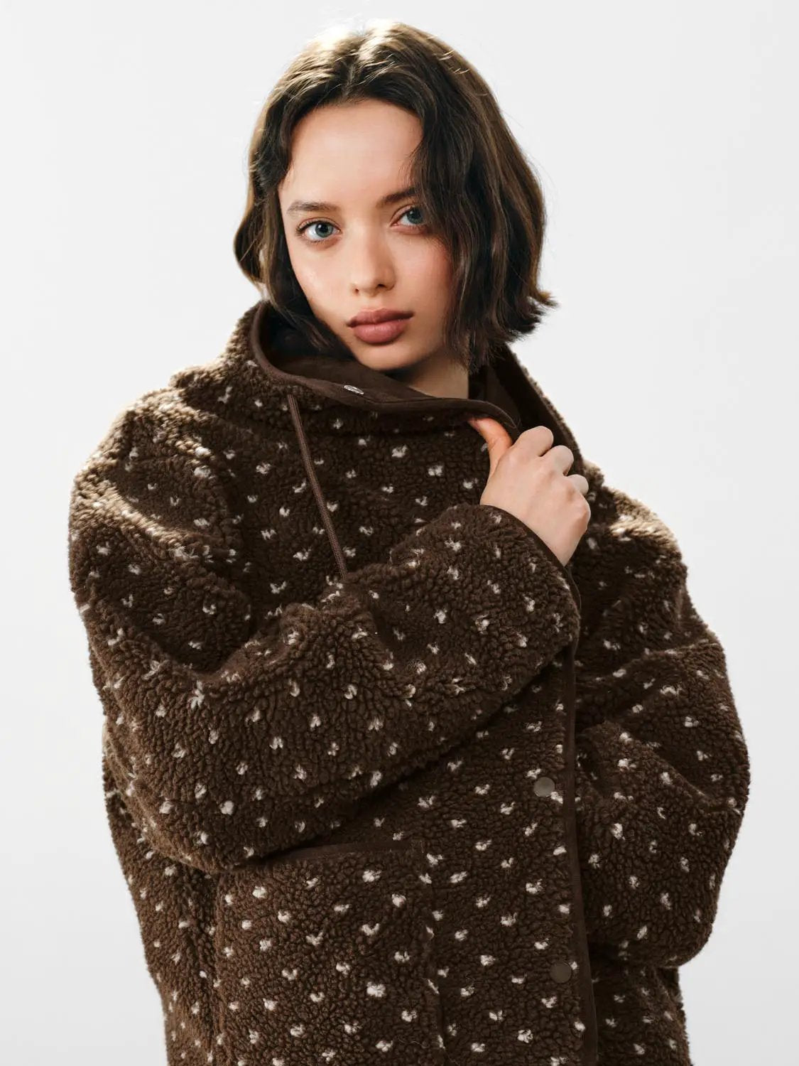 Hooded Textured Button Front Long Sleeve Printed Jacket