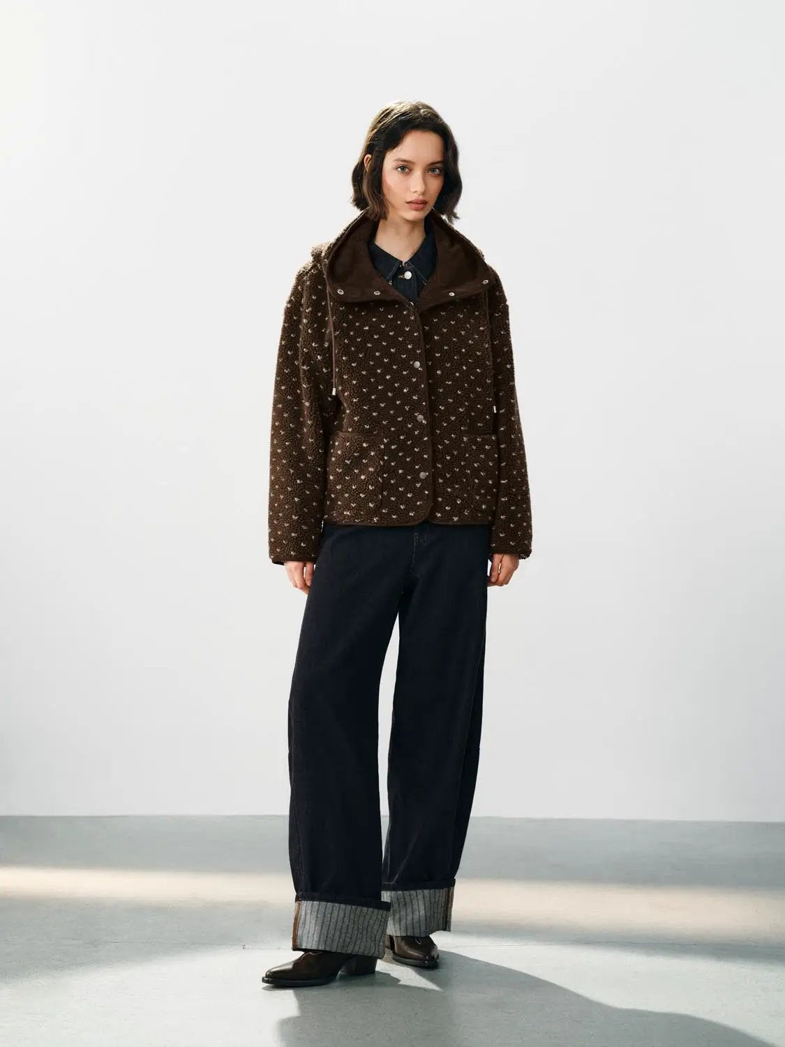 Hooded Textured Button Front Long Sleeve Printed Jacket