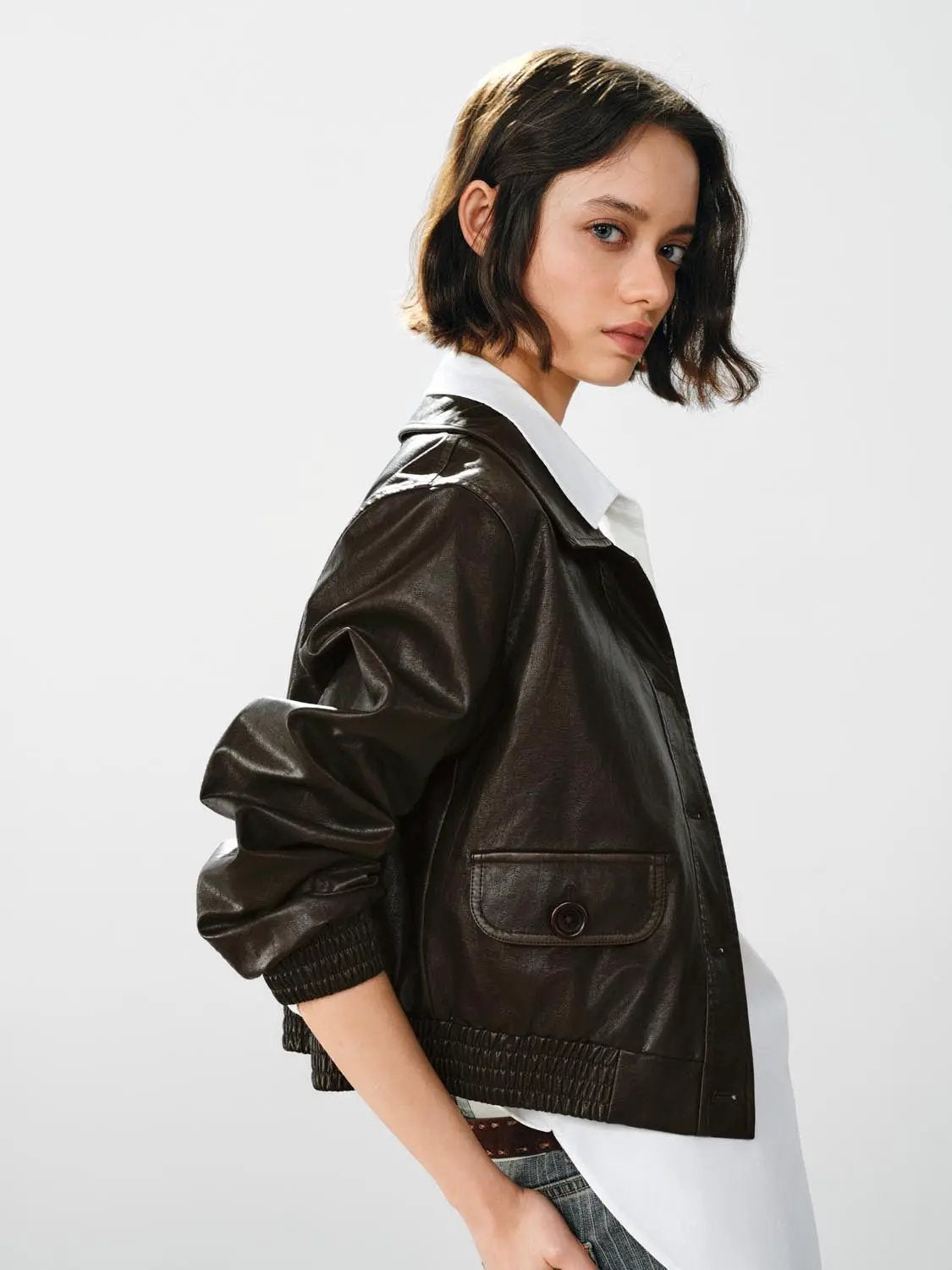 Button Front Elastic Hem Long Sleeve Jacket