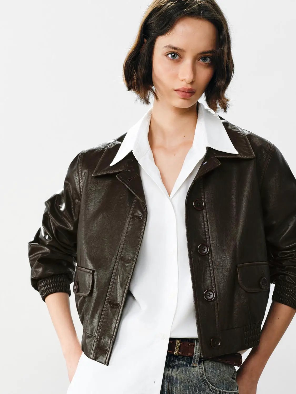 Button Front Elastic Hem Long Sleeve Jacket