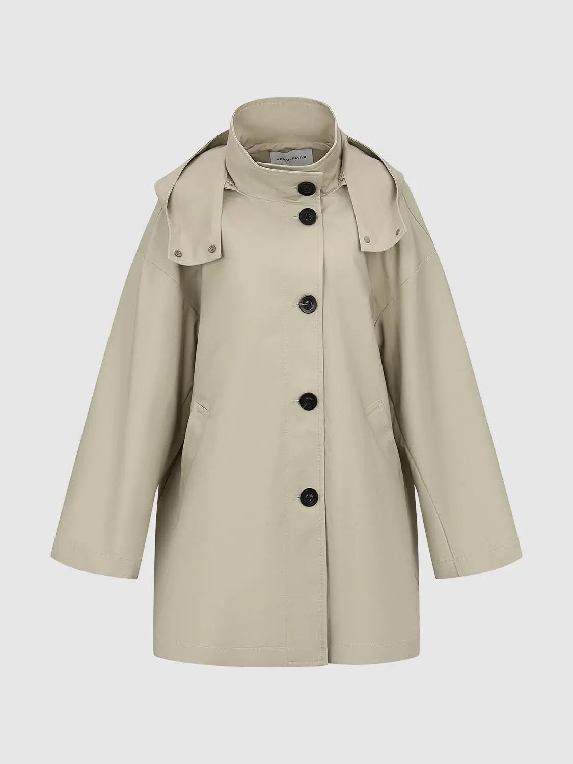 Button Front Hooded Stand Collar Long Sleeve Cotton Trench Coat