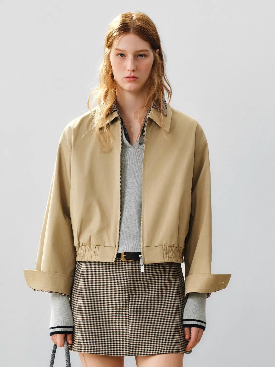 Zipper Front Elastic Hem Shirt Collar Long Sleeve Cotton Jacket